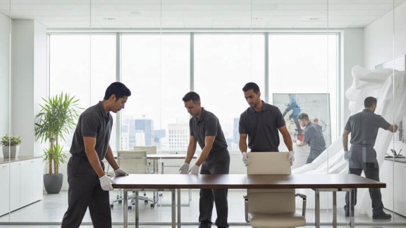 White glove movers handling commercial office furniture efficiently