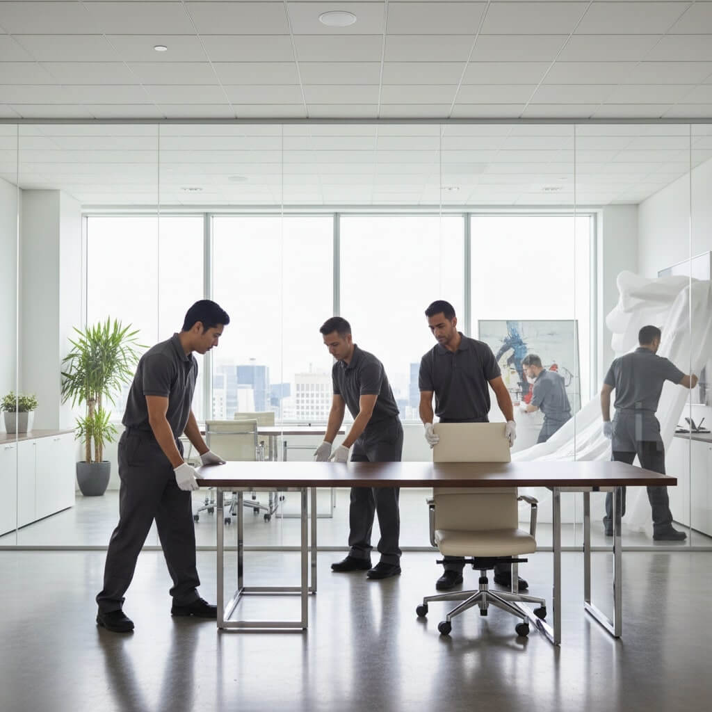 White glove movers handling commercial office furniture efficiently