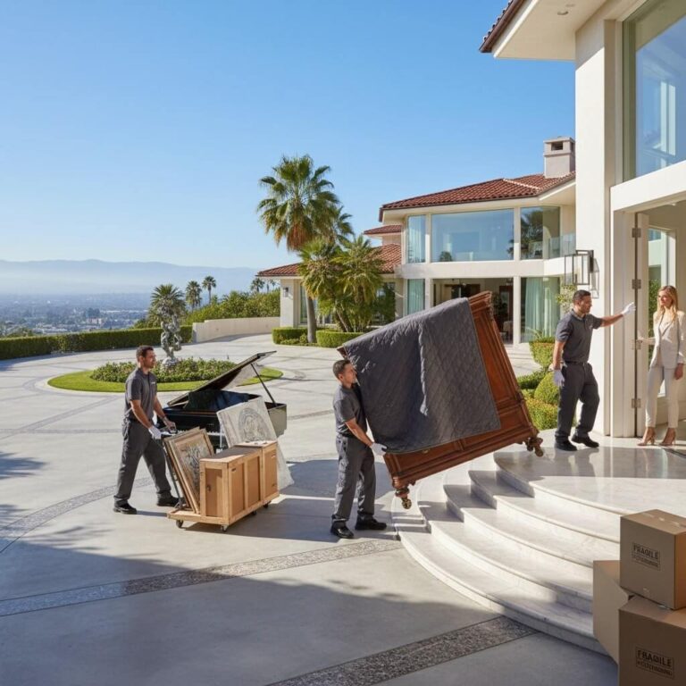 White glove movers moving furniture into luxury residential home Los Angeles