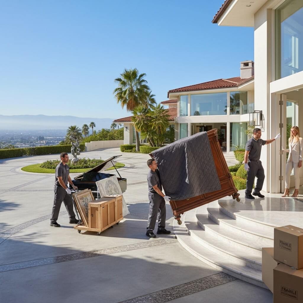 White glove movers moving furniture into luxury residential home Los Angeles