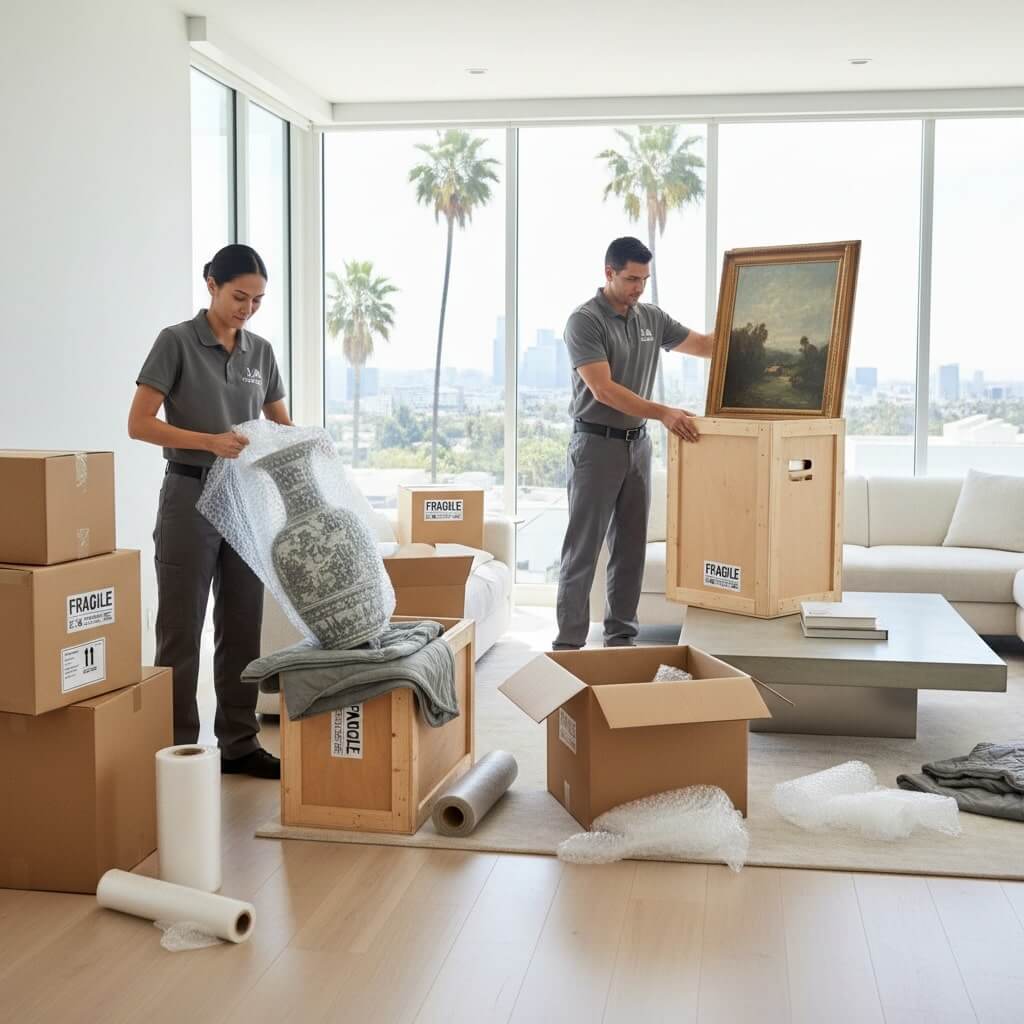 White glove movers packing fragile items in Los Angeles