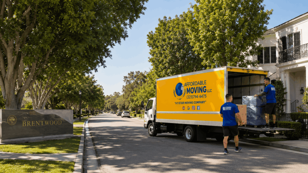 Affordable Moving LLC truck with movers handling a residential move in Brentwood Los Angeles