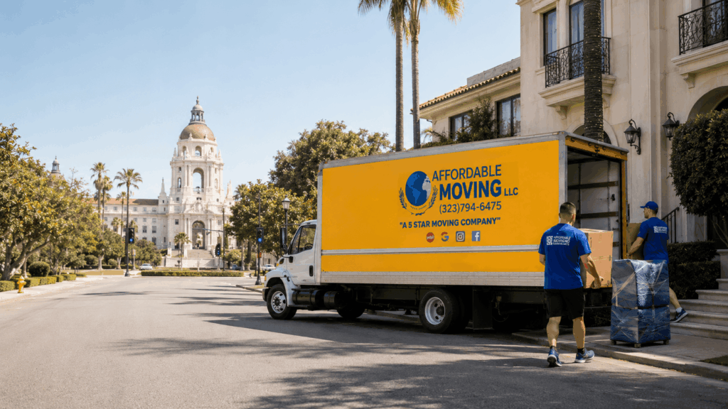 Pasadena moving company unloading boxes and wrapped furniture near a local residential building
